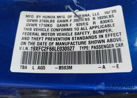 2020 Honda Civic Lx из США, поврежденный, VIN 19XFC2F66LE030527